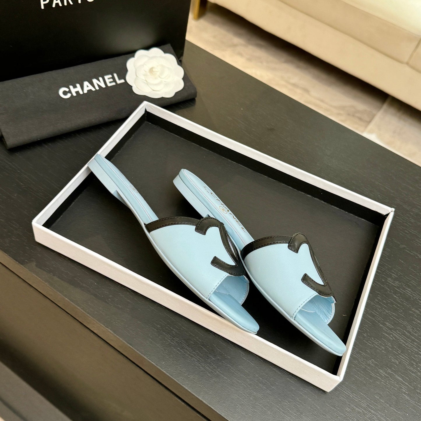 Chanel 2026 Flat Sandal Light Blue Black Cowhide