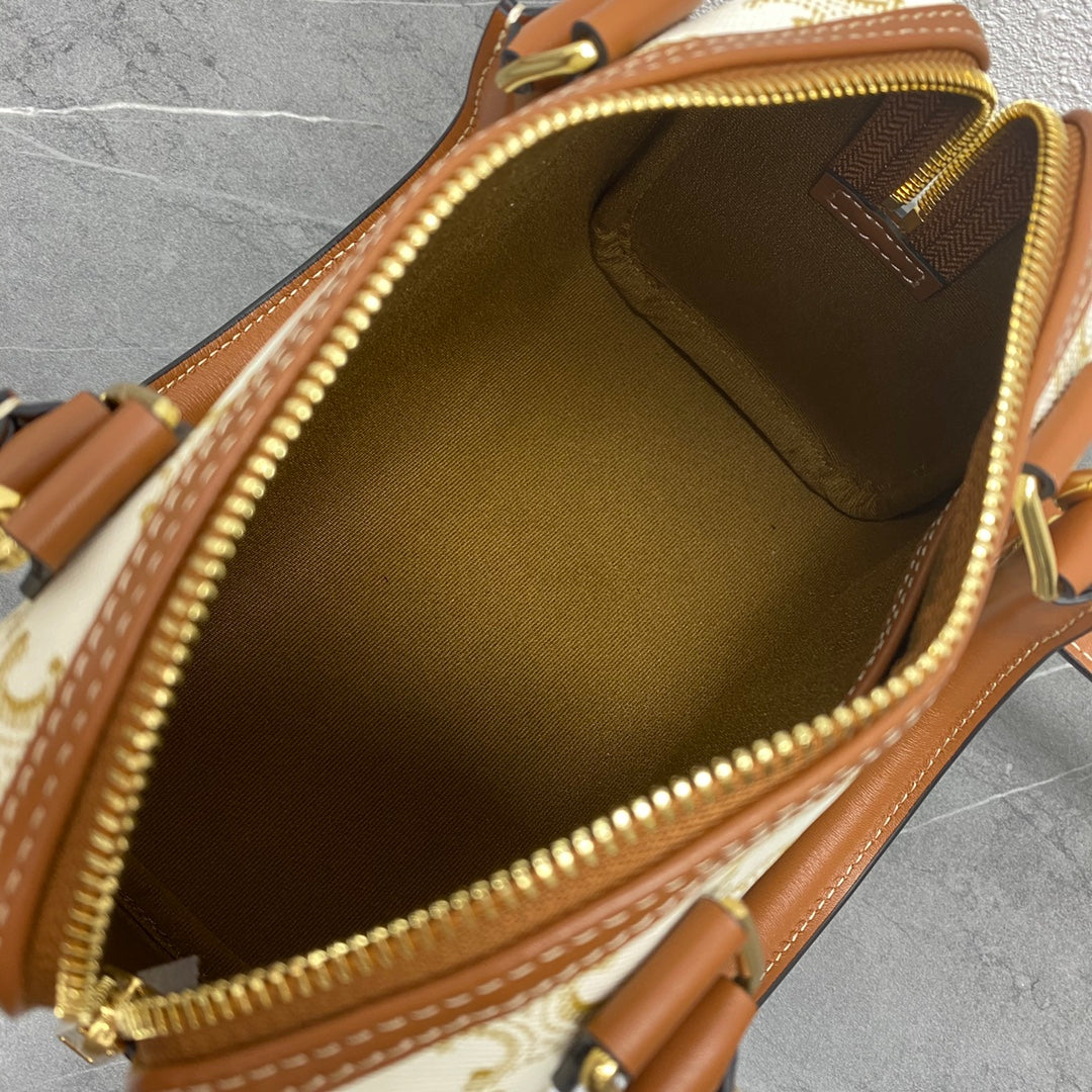 Celine 2026 Boston Bag 19.5cm White Brown Triomphe Canvas Calfskin 281912