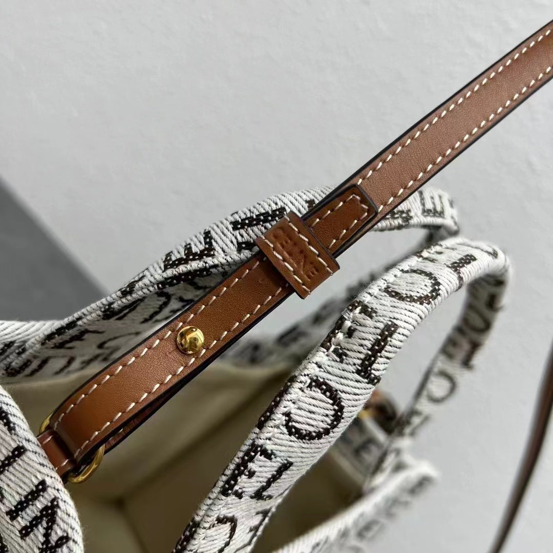 Celine 2026 Triomphe Printed Bag 26cm White Brown Black Canvas Calfskin 283599