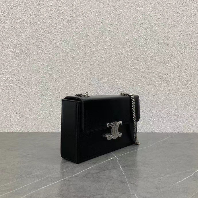 Celine 2026 Chain Shoulder Bag Claude 23cm Black Silver Shiny Calfskin