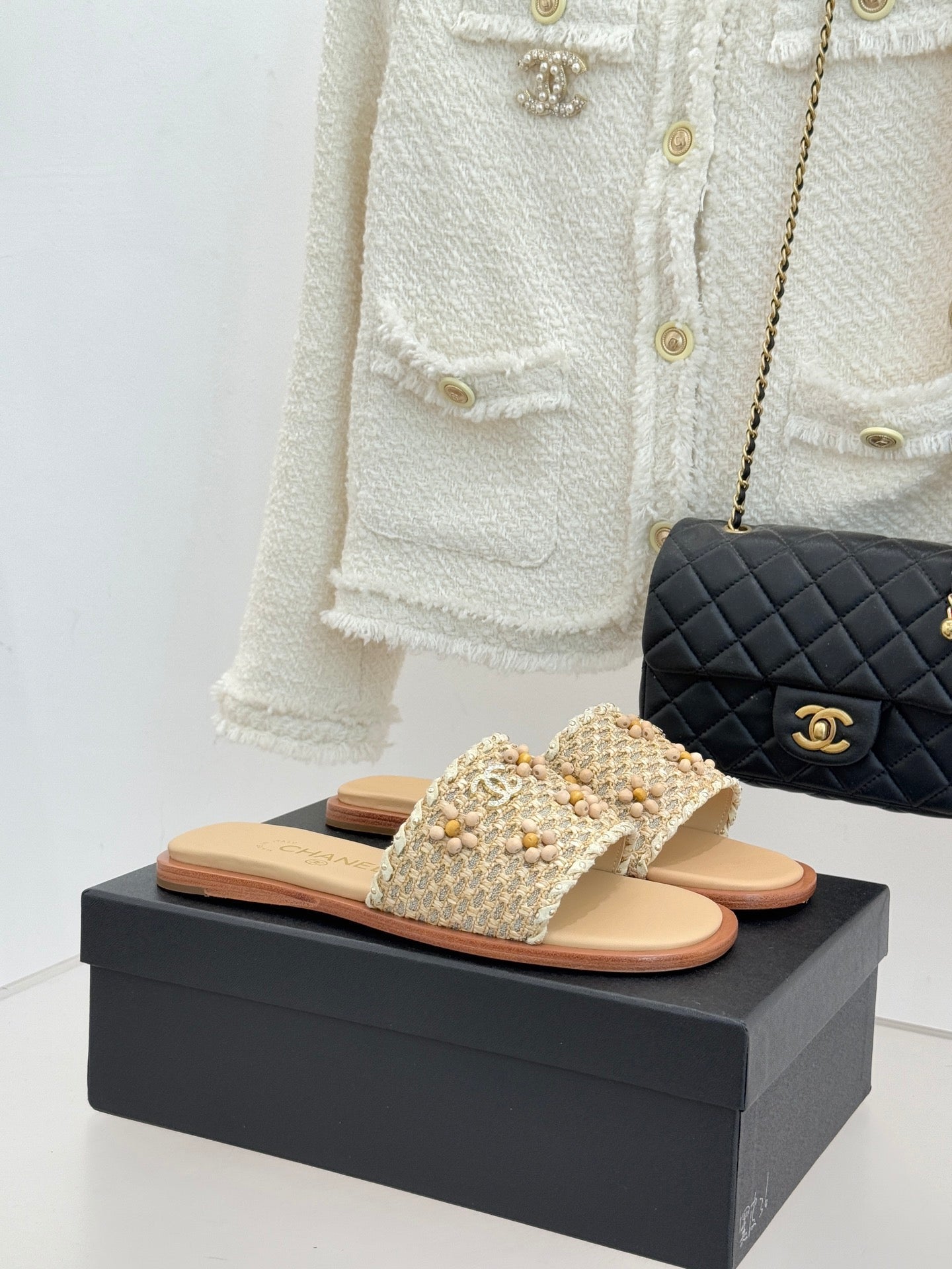 CC 2026 Flat Sandals Tweed Woven Sheepskin
