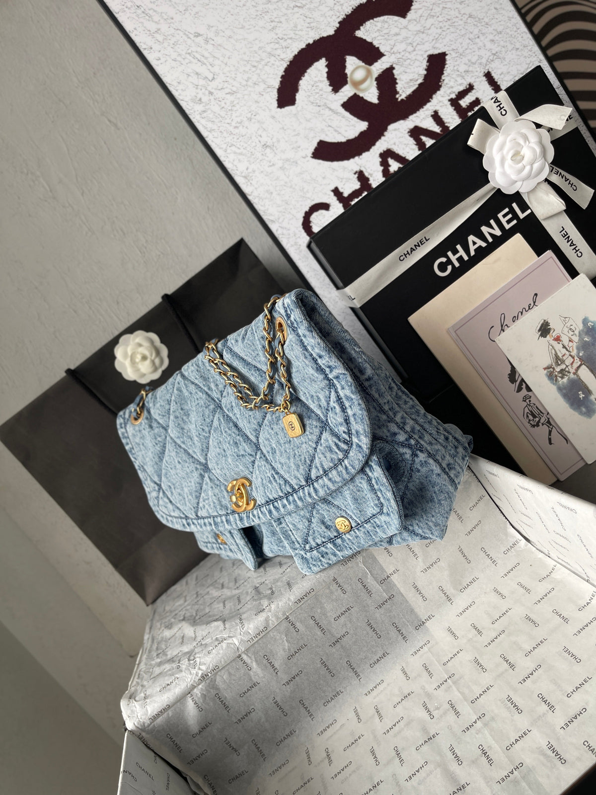 Chanel 26s Flap Bag 47cm Light Blue Mix White Denim