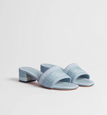 Dior2026 Dentelle Heeled Slide Sky Blue Dior Oblique Embroidered Cotton and White Lace