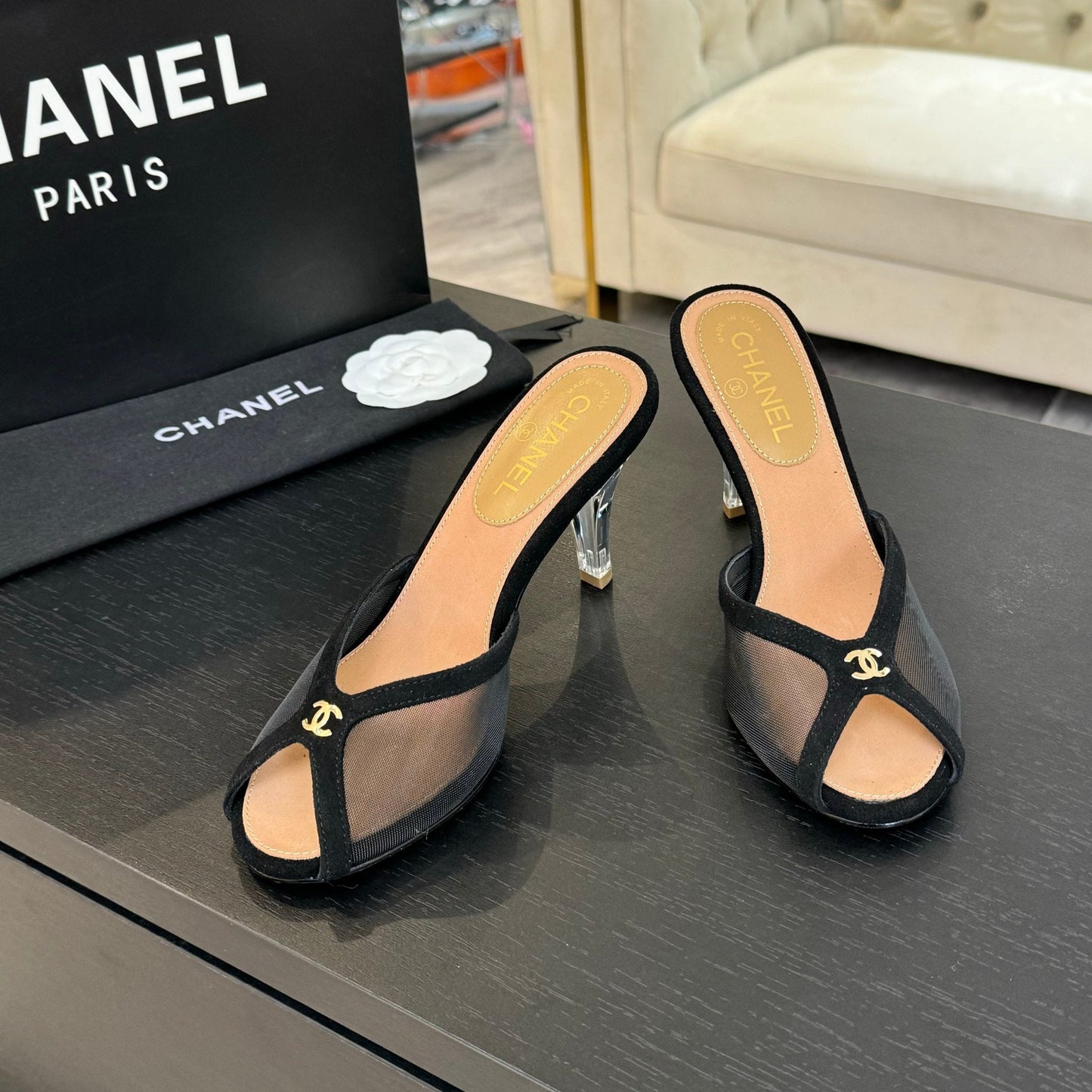 CC 2026 High Heeled Slippers 70 Mesh Suede