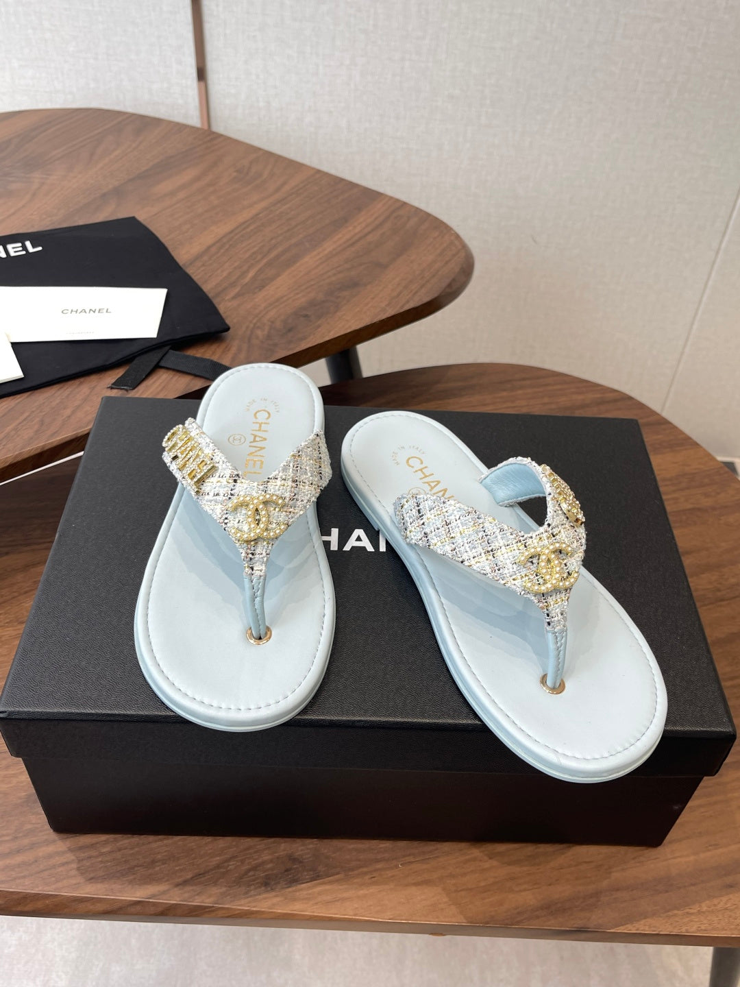 Chanel 2026 Thong Sandal Tweed Gold Logo Details 790366