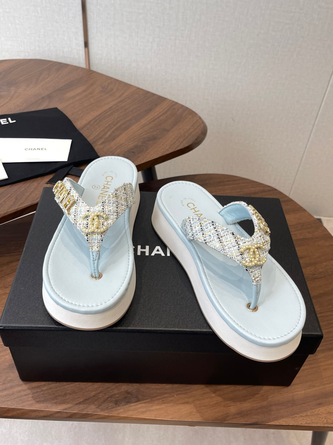 Chanel 2026 Thong Sandal Platform Tweed Gold Logo Details 790372