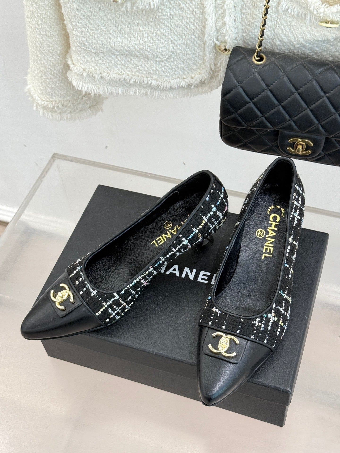 CC 2026 Heel Pump 55 Tweed Sheepskin Double C Logo