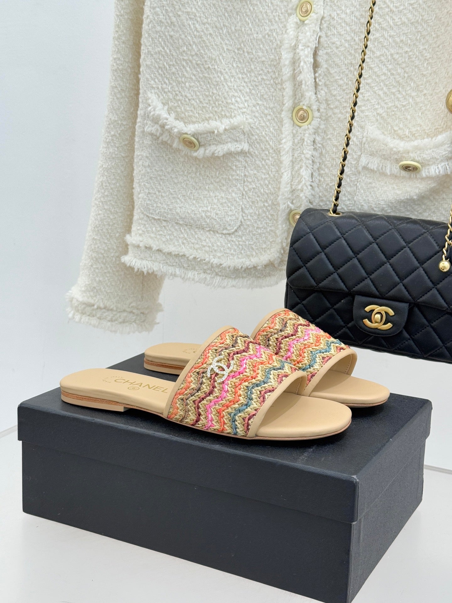 CC 2026 Knitted Double C Flat Slippers Multicolor Woven Sheepskin