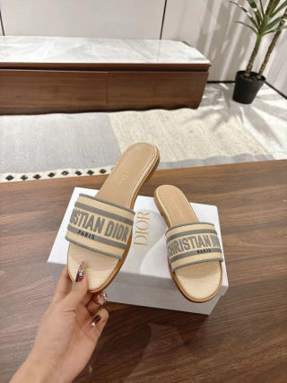 CD 26s Embroidered Sandals Beige Gray Canvas Sheepskin 664324