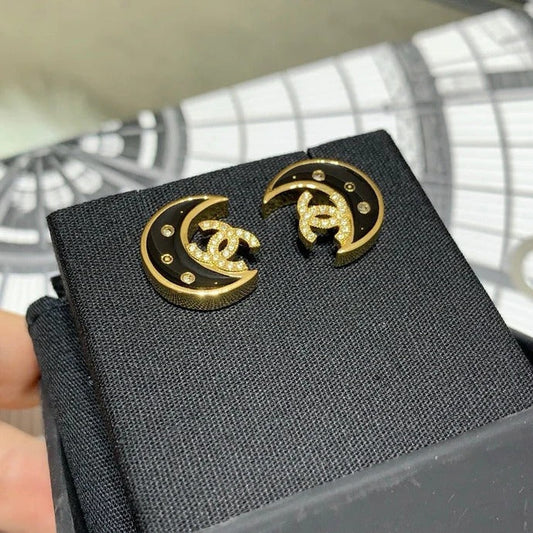 Chanel Black Enamel Full Diamond Double C Moon Earrings