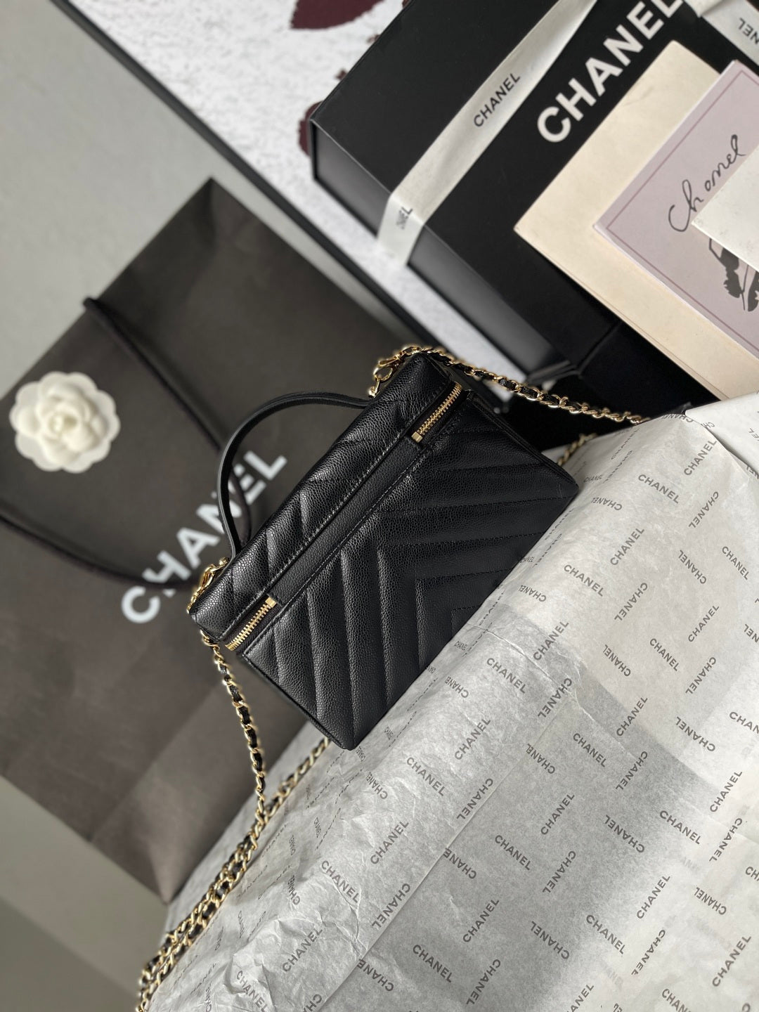 Chanel 2026 V-Shaped Quilted Chain Bag 19.5cm Black Caviar Leather