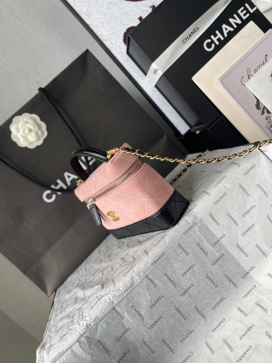 Chanel 2026 Vanity Bag 19.5cm Pink mix Black Suede Leather