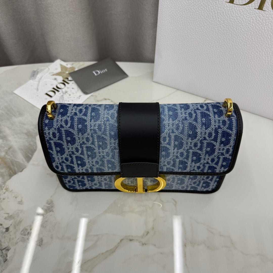 Dior 2026 East-West Chain Handbag 25cm Blue Black Demin Calfskin