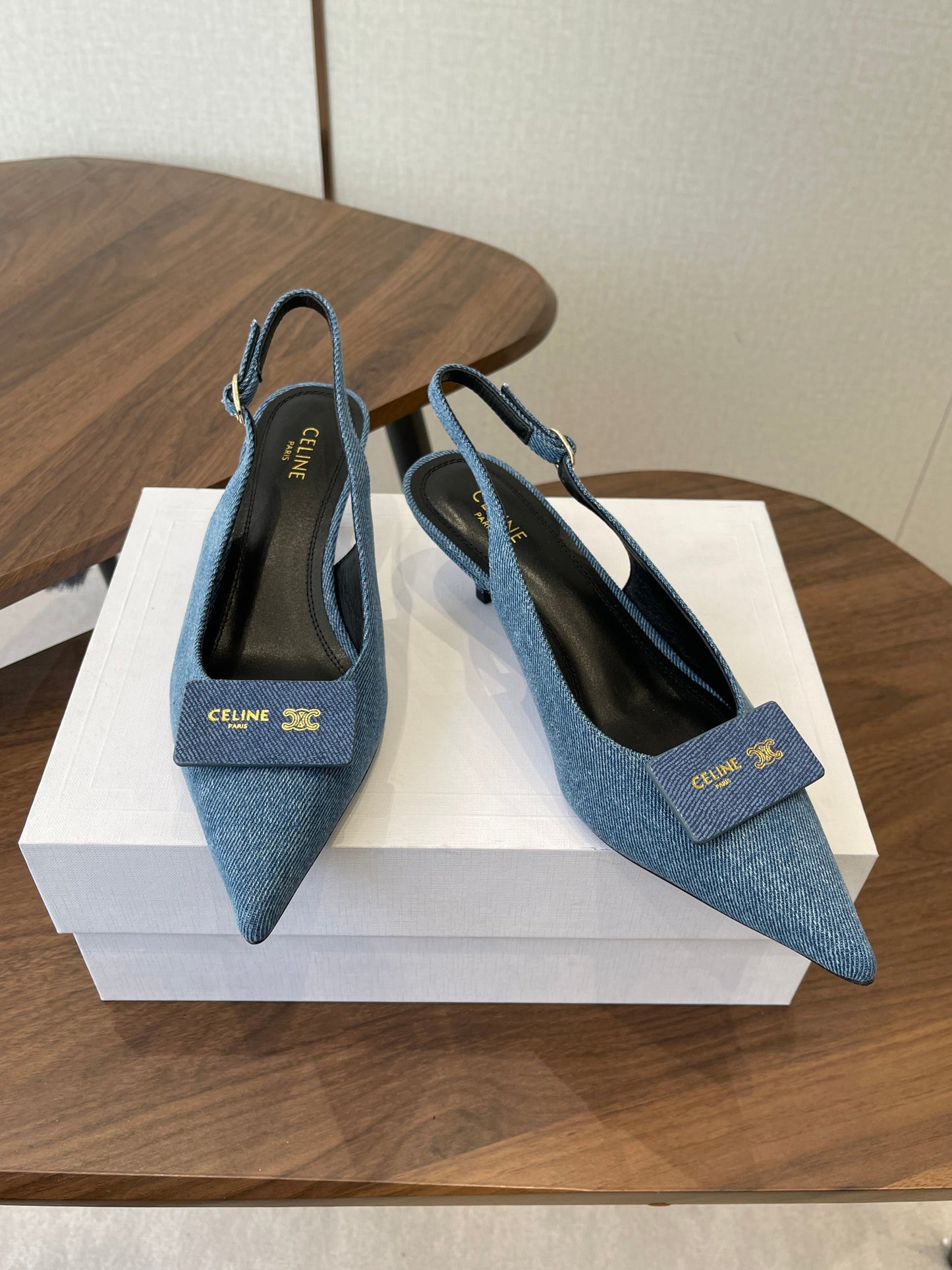 Celine 26 Pointed-Toe Slingback Blue Denim 624685