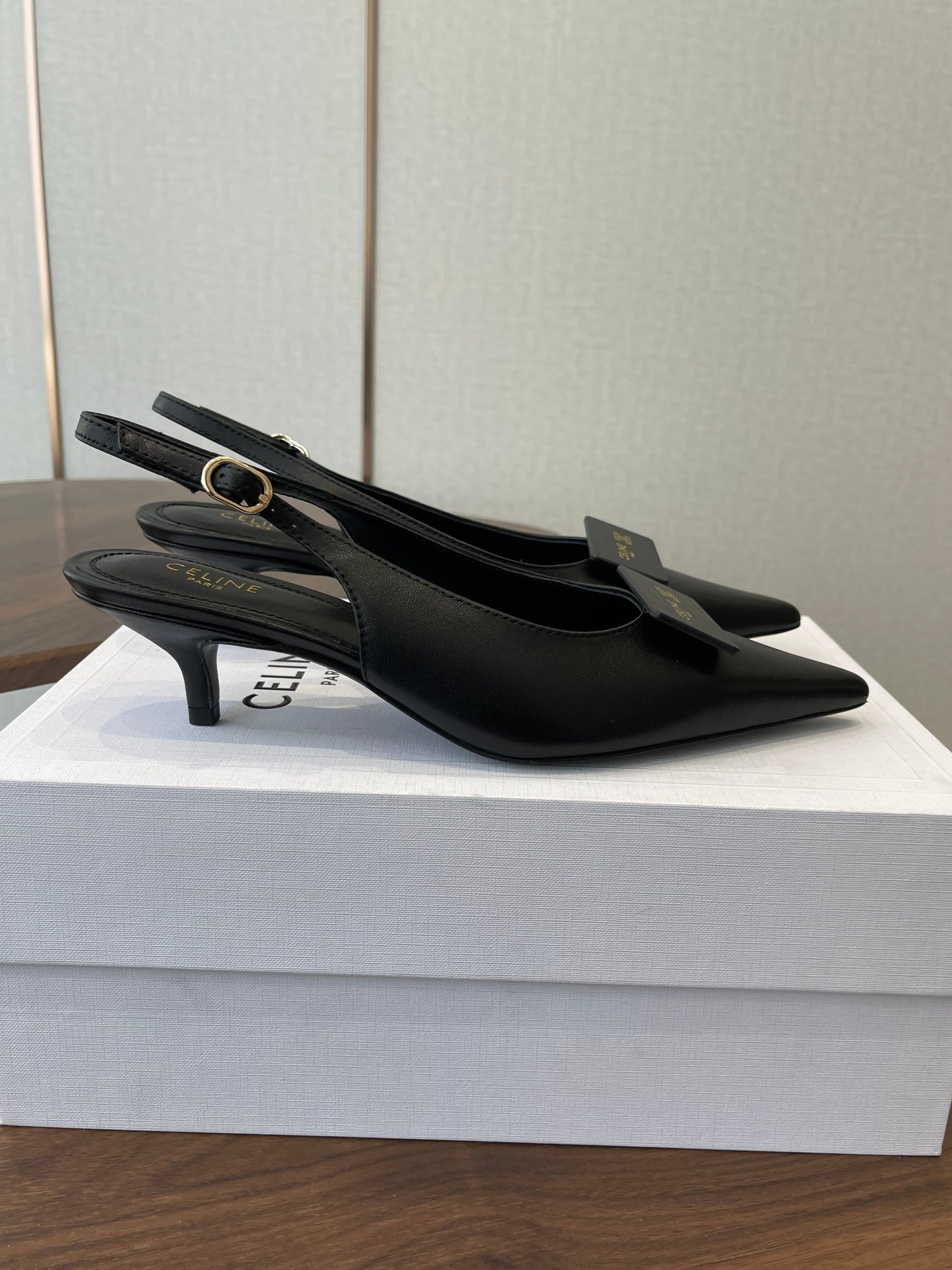 Celine 26 Pointed-Toe Slingback Black Sheepskin 624686