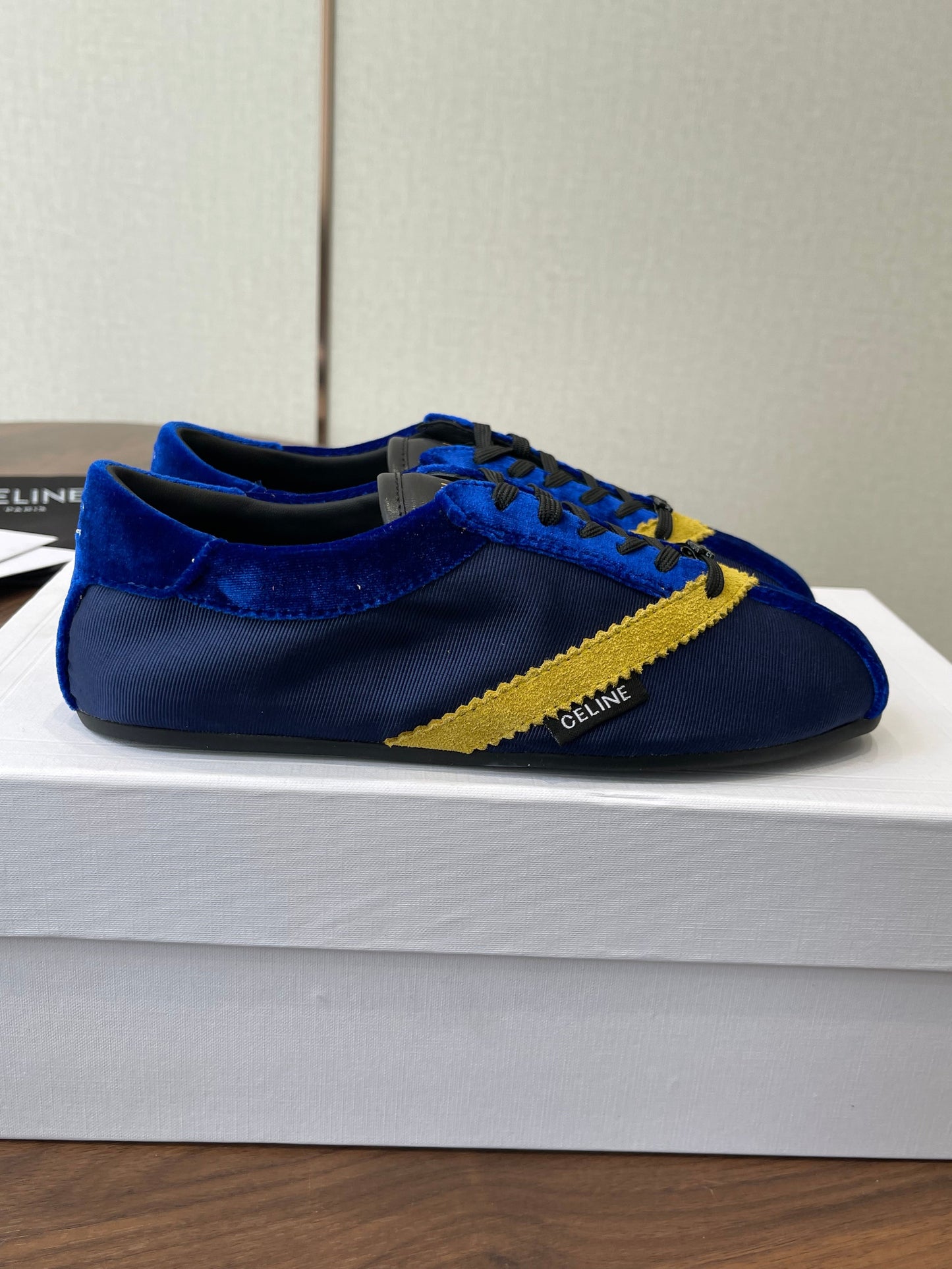Celine 26 Flat Sneaker Dark Blue Yellow Canvas Suede 624713
