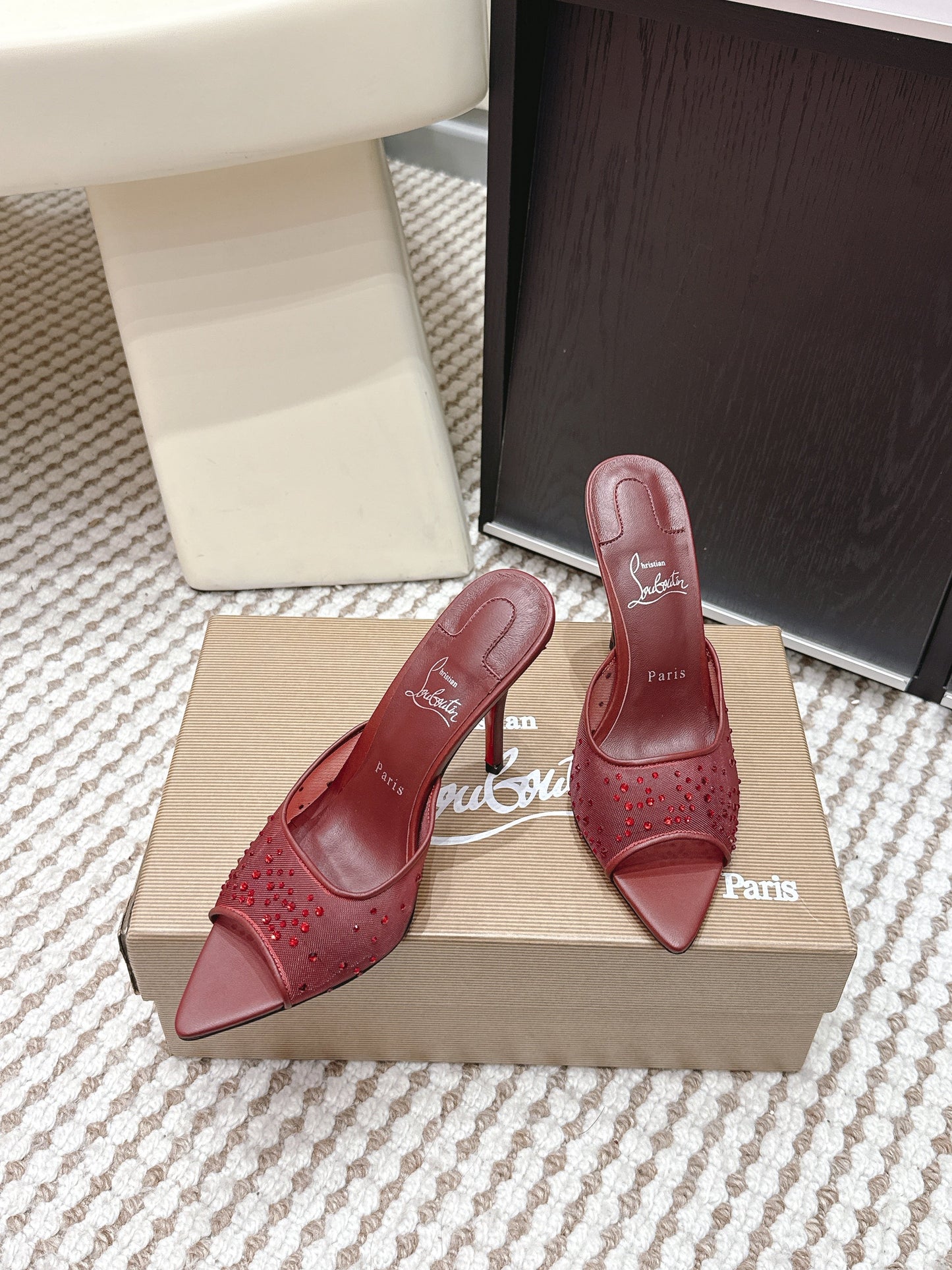CL 26SS High-Heeled Slippers 100 Dark Red Mesh Rhinestone Leather 658051