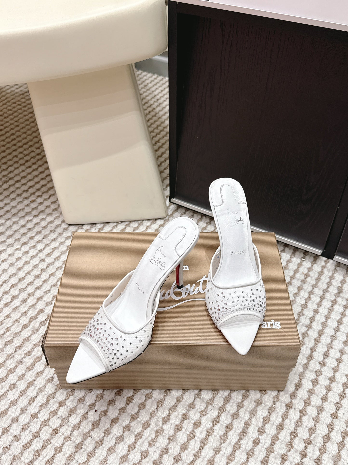 CL 26SS High-Heeled Slippers 100 White Mesh Rhinestone Leather 658052