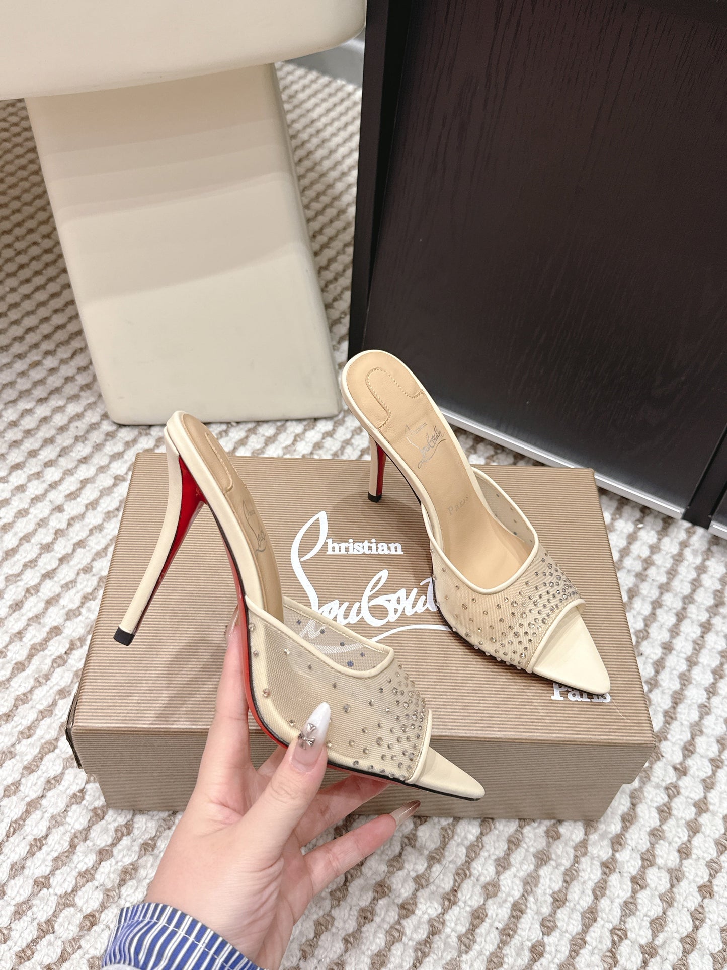 CL 26SS High-Heeled Slippers 100 Beige Mesh Rhinestone Leather 658055