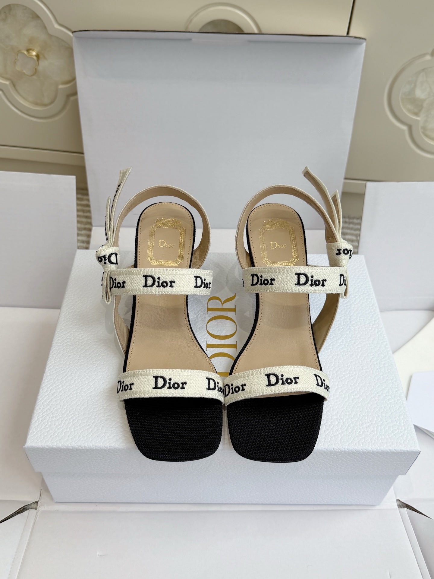 Dior 2026 Strappy High-heeled Sandal Black White Embroidered Cotton Leather 717870