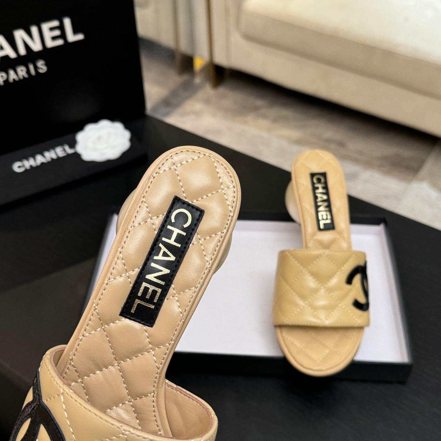 Chanel 2026 Double C Giant Pearl Heel Quilted Sandal 7cm Sheepskin 672903