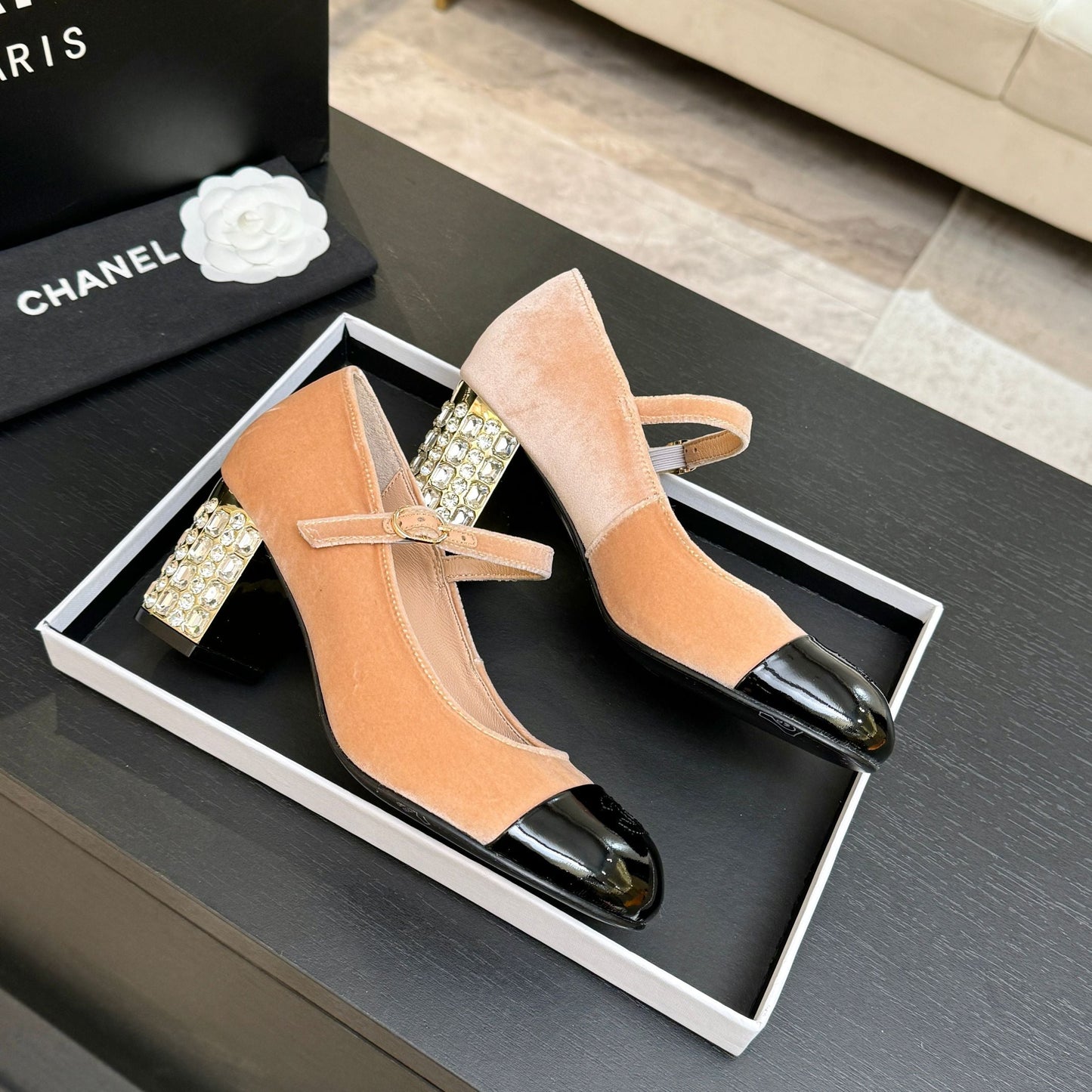 CC 2026 Mary Jane 65 Beige Black Velvet Leather 700646