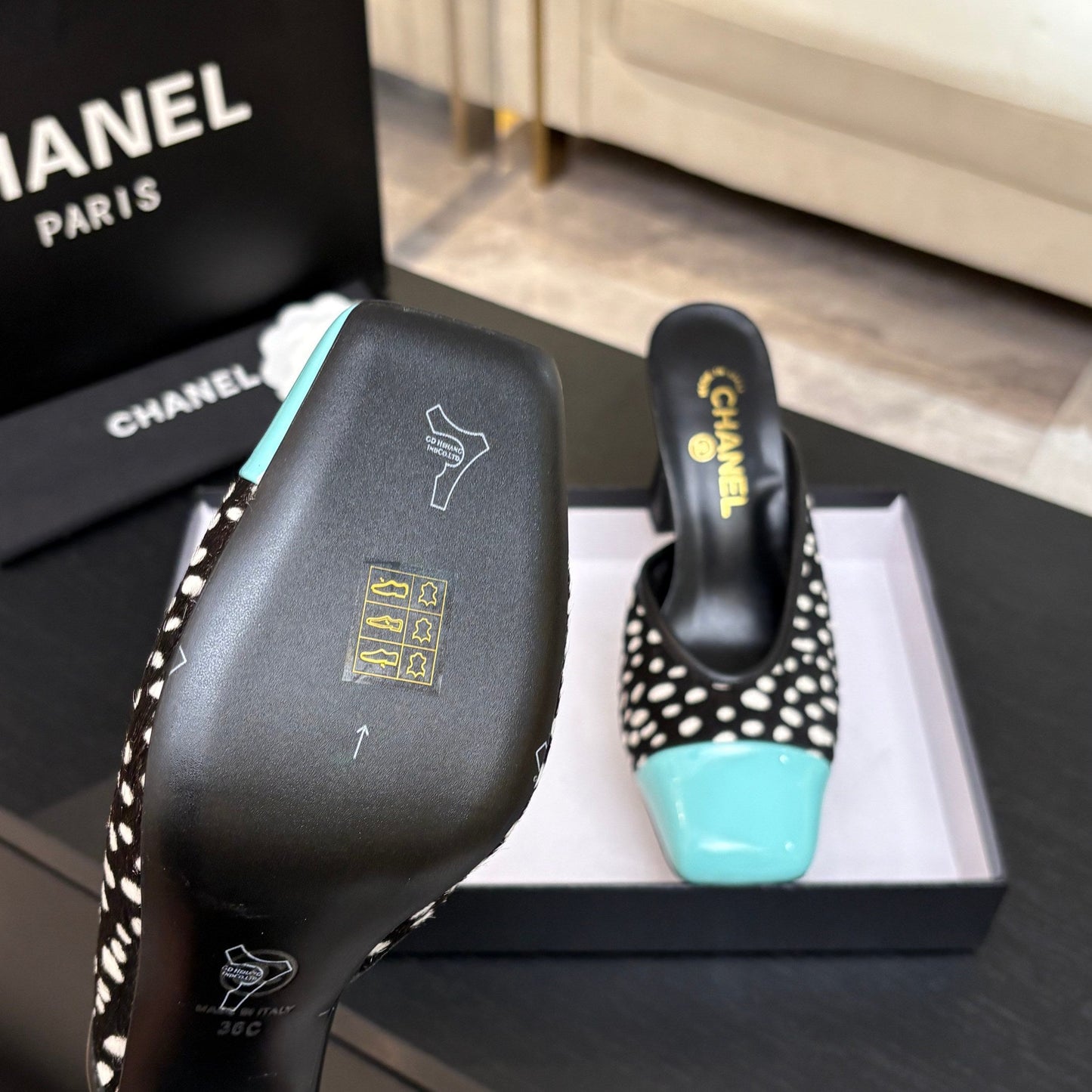 Chanel 2026 Pony Fur Green Square Toe Block Heel Pump Mule 672409
