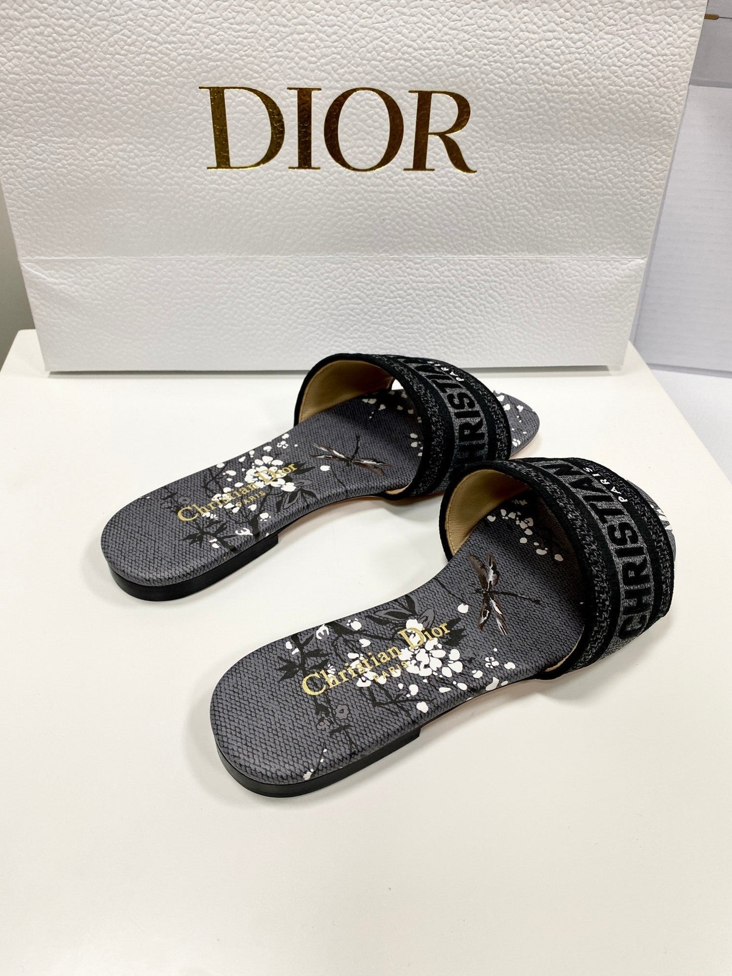 CD 26s Embroidered Sandals Gray Black Canvas Leather 683017