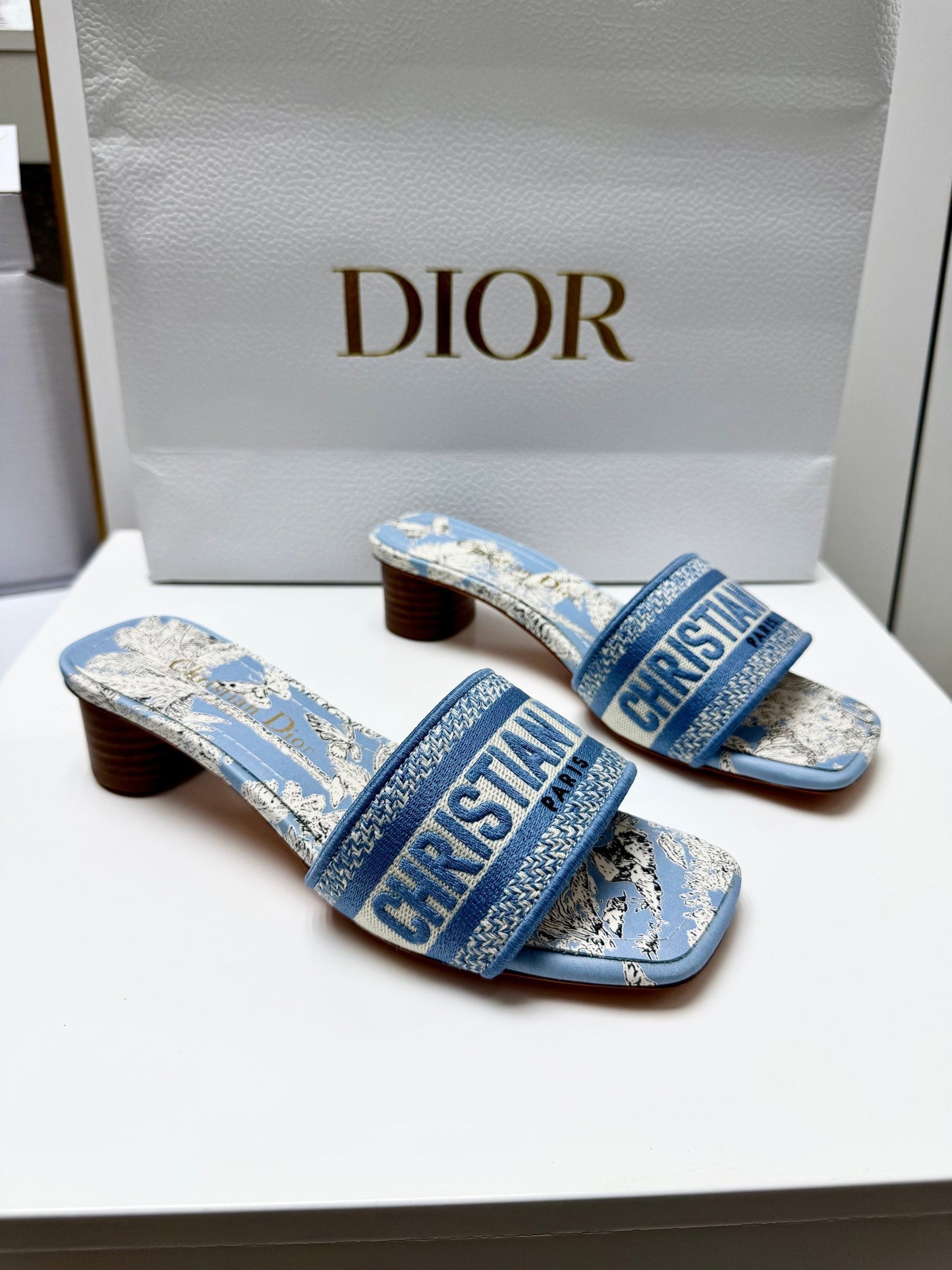 CD 26s Embroidered Sandals Blue Beige Canvas Leather 683014