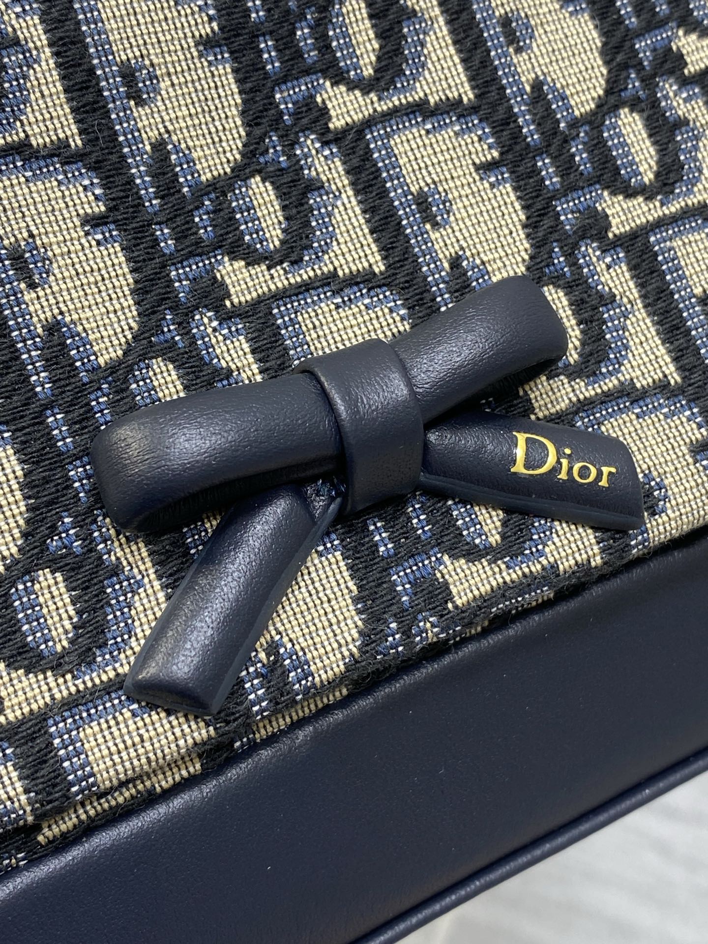 Dior 2026 Oblique Bow Bag 21cm Blue Beige Fabric Leather 378809