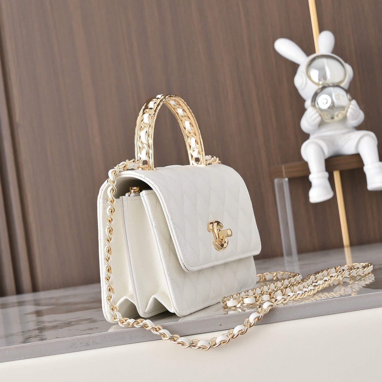 Chanel 2026 Gold Handle Bag 18.5cm Black and White Calfskin