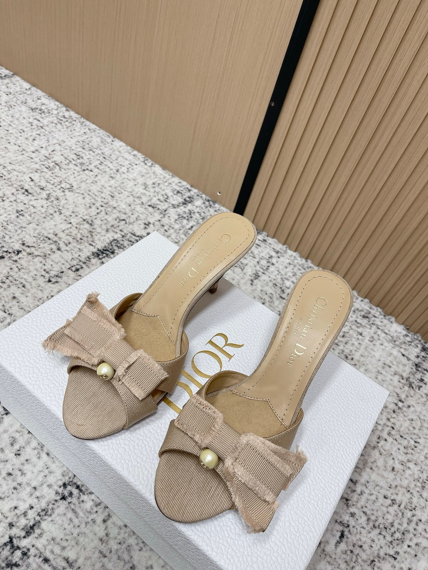 CD 26s High Heel Slippers 75 Beige Canvas Leather 643491