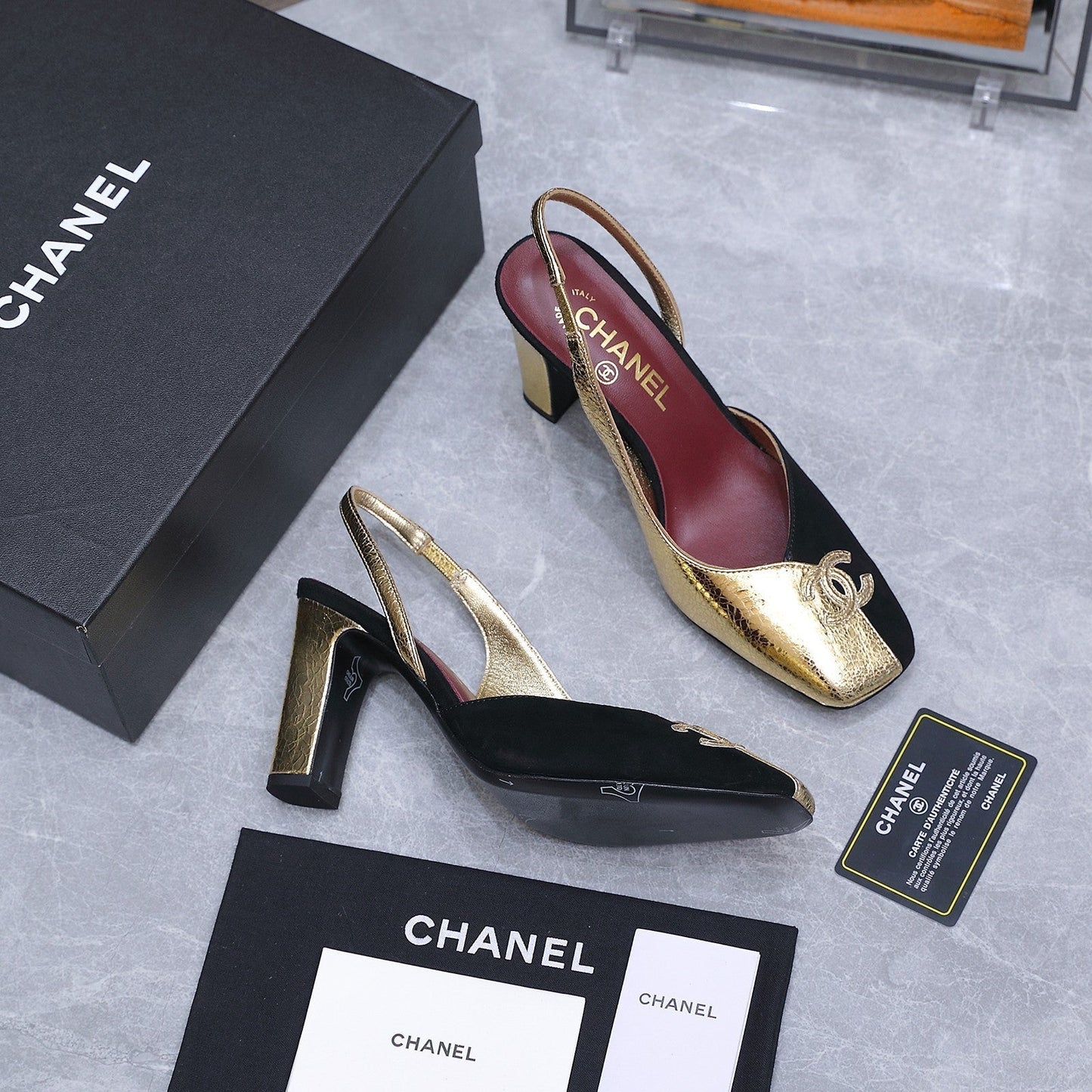 Chanel 2026 High-Heeled Slingback 60mm Black Gold Suede Leather 758409