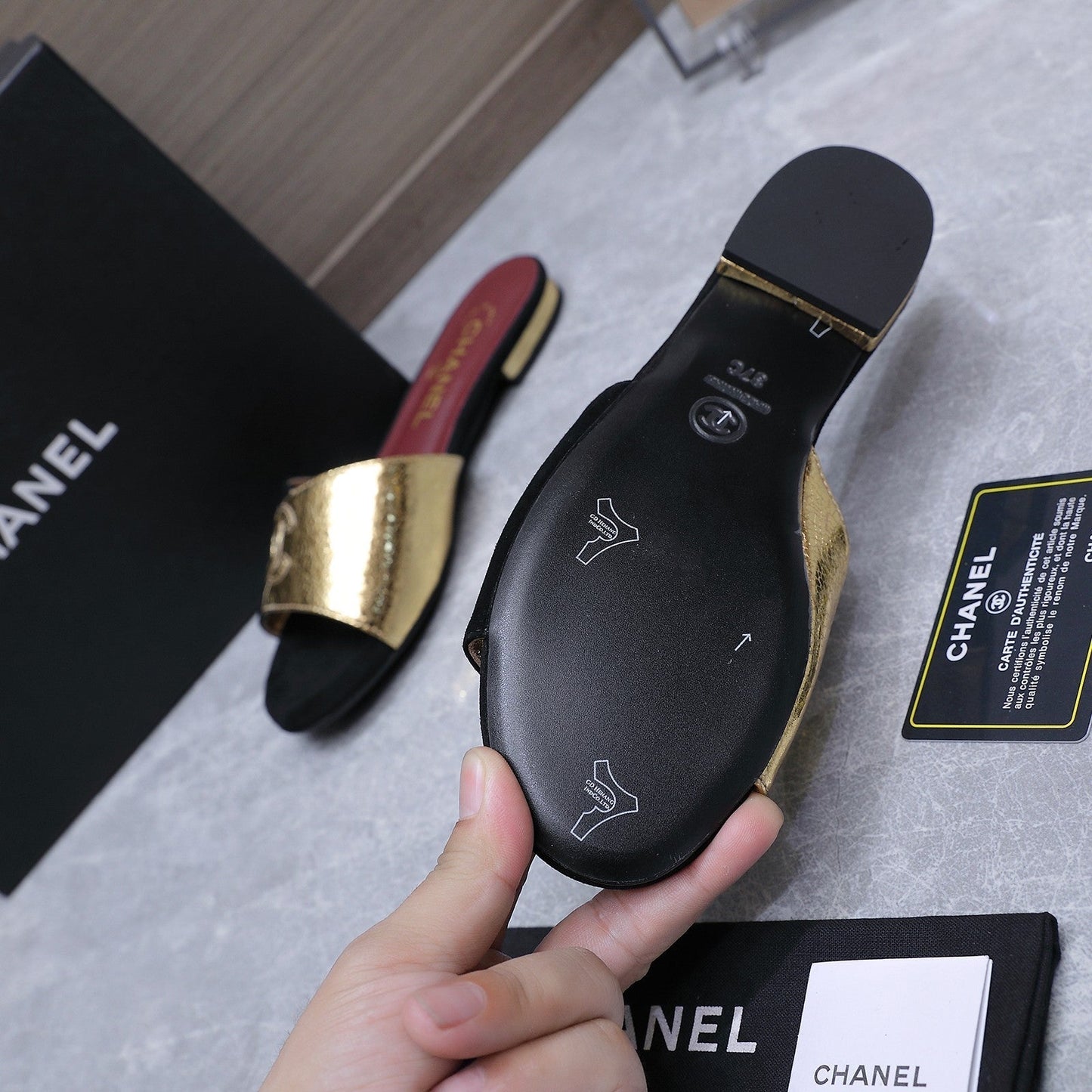 Chanel 2026 Sandals Black Gold Suede Leather 758413