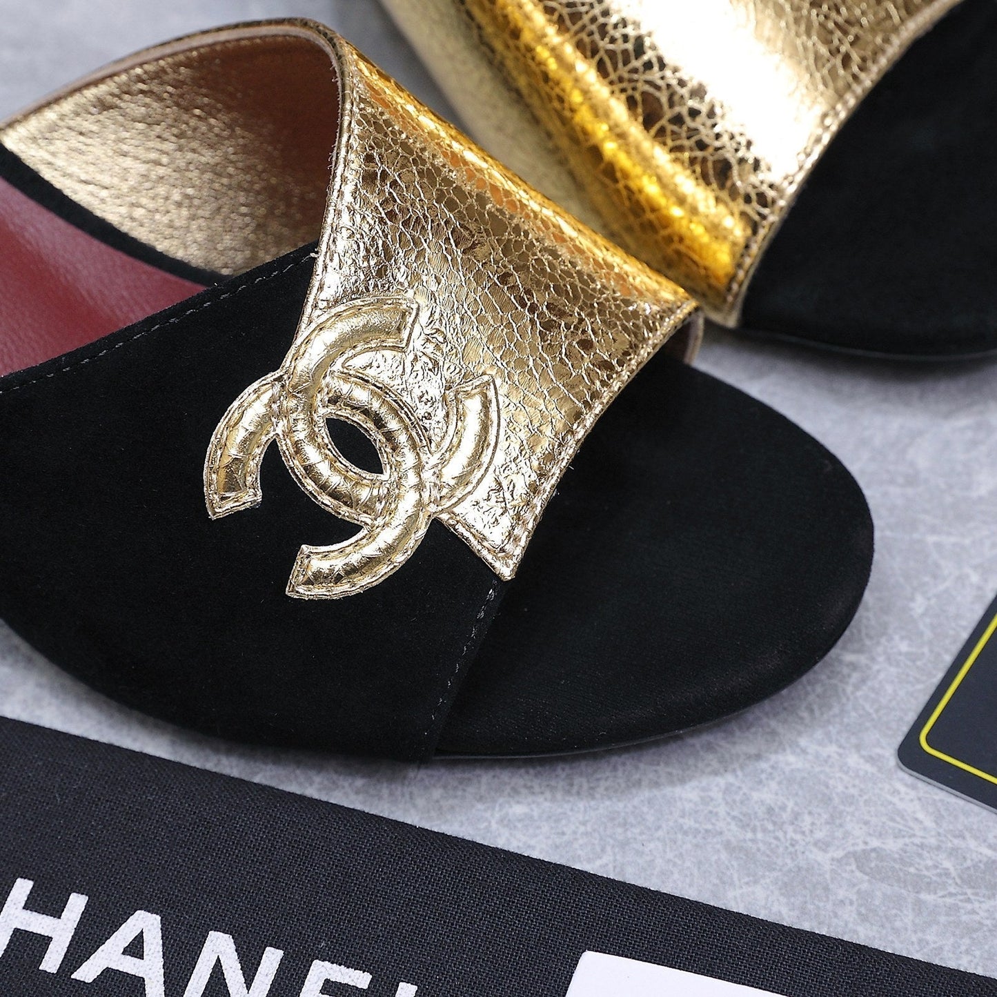 Chanel 2026 High-Heeled Sandals Black Gold Suede Leather 758417