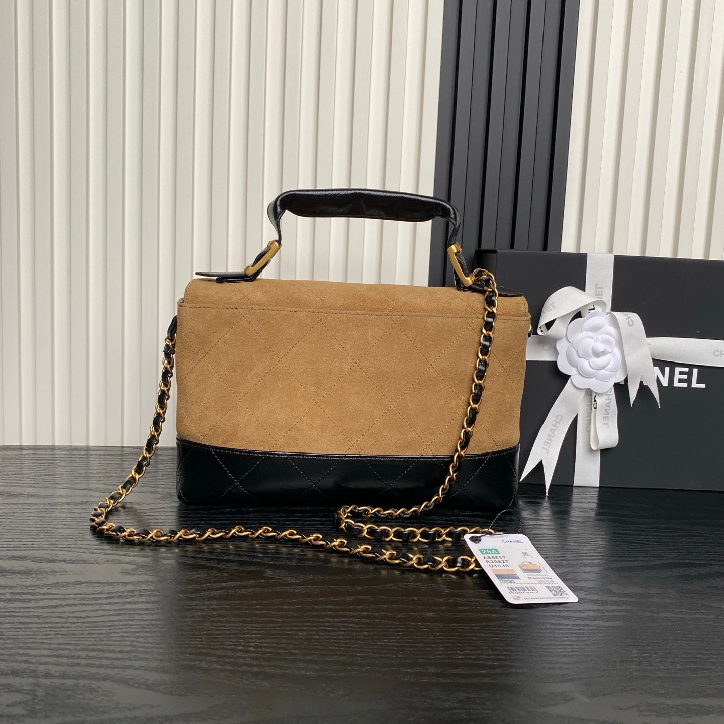 Chanel 2026 Coco Base Top Handle Flap Bag Beige Black Suede Leather 348231