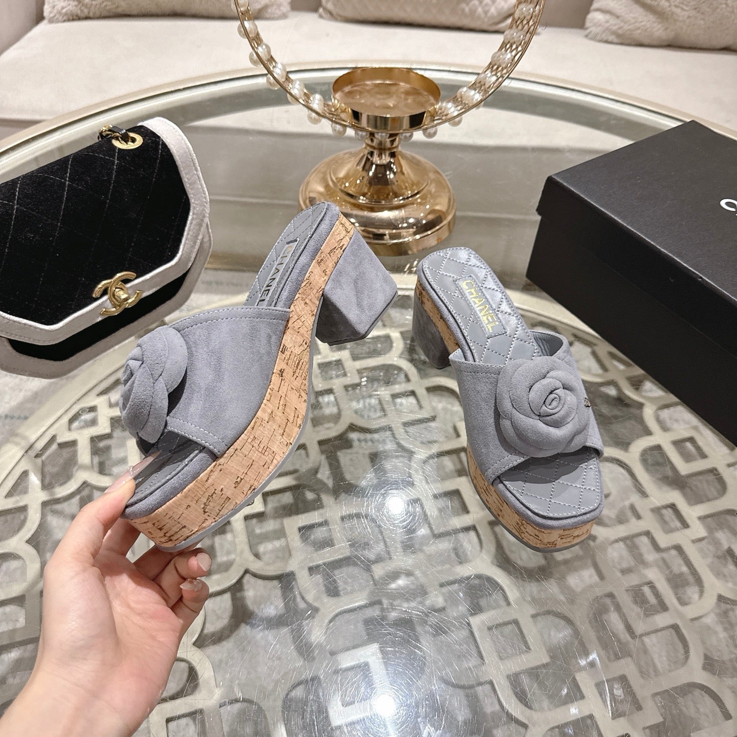 CC 26s Camellia Platform Slippers 65 Light Blue Grey Lambskin 627051
