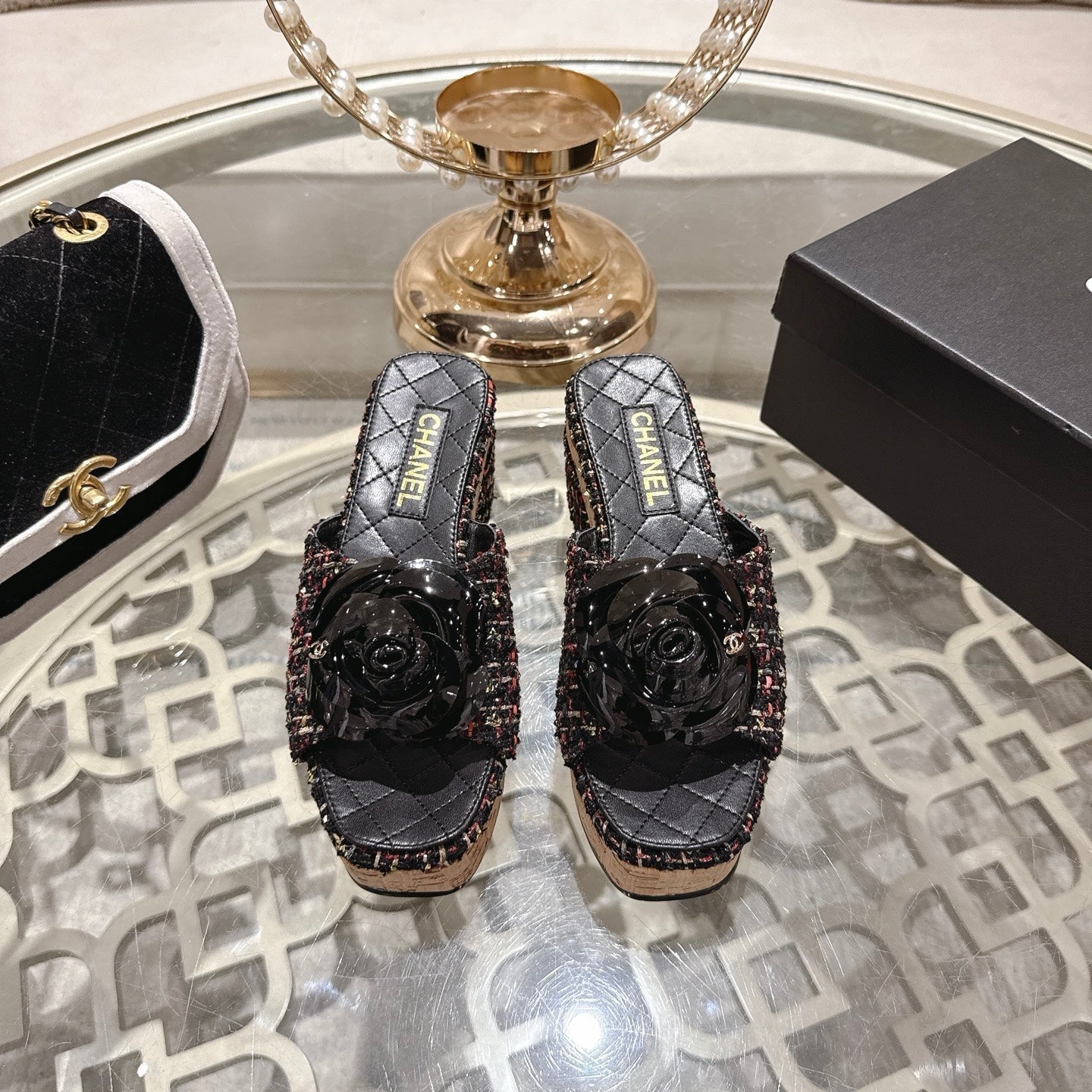 CC 26s Camellia Platform Slippers 65 Black Multicolor Tweed Leather 627052