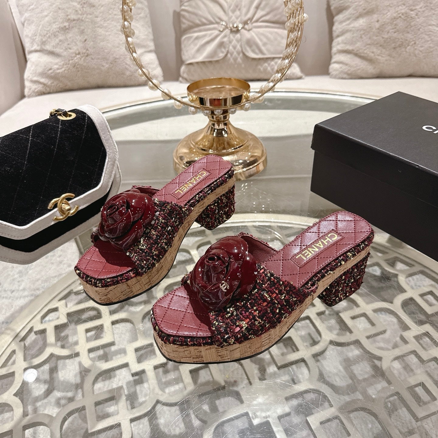 CC 26s Camellia Platform Slippers 65 Burgundy Multicolor Tweed Leather 627053