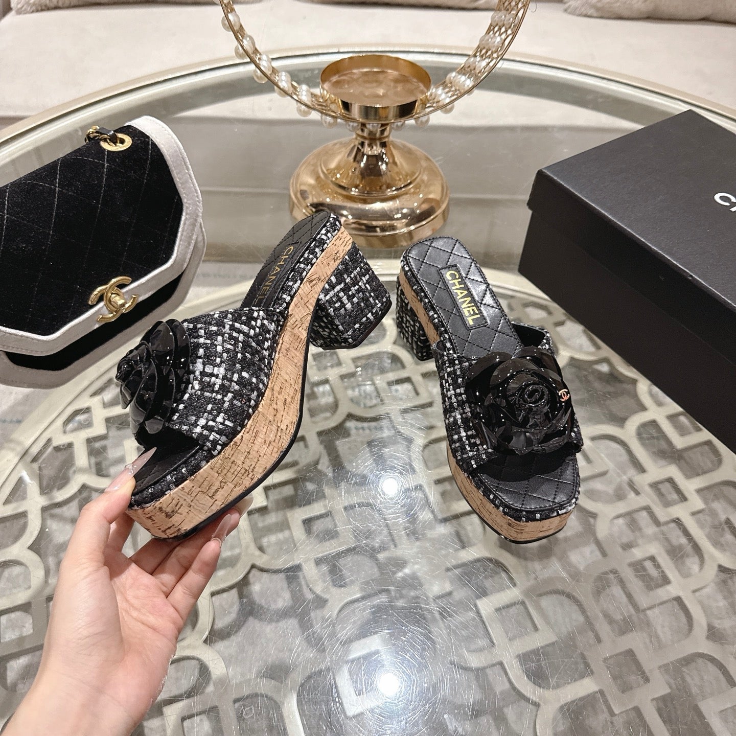 CC 26s Camellia Platform Slippers 65 Black White Tweed Leather 627055