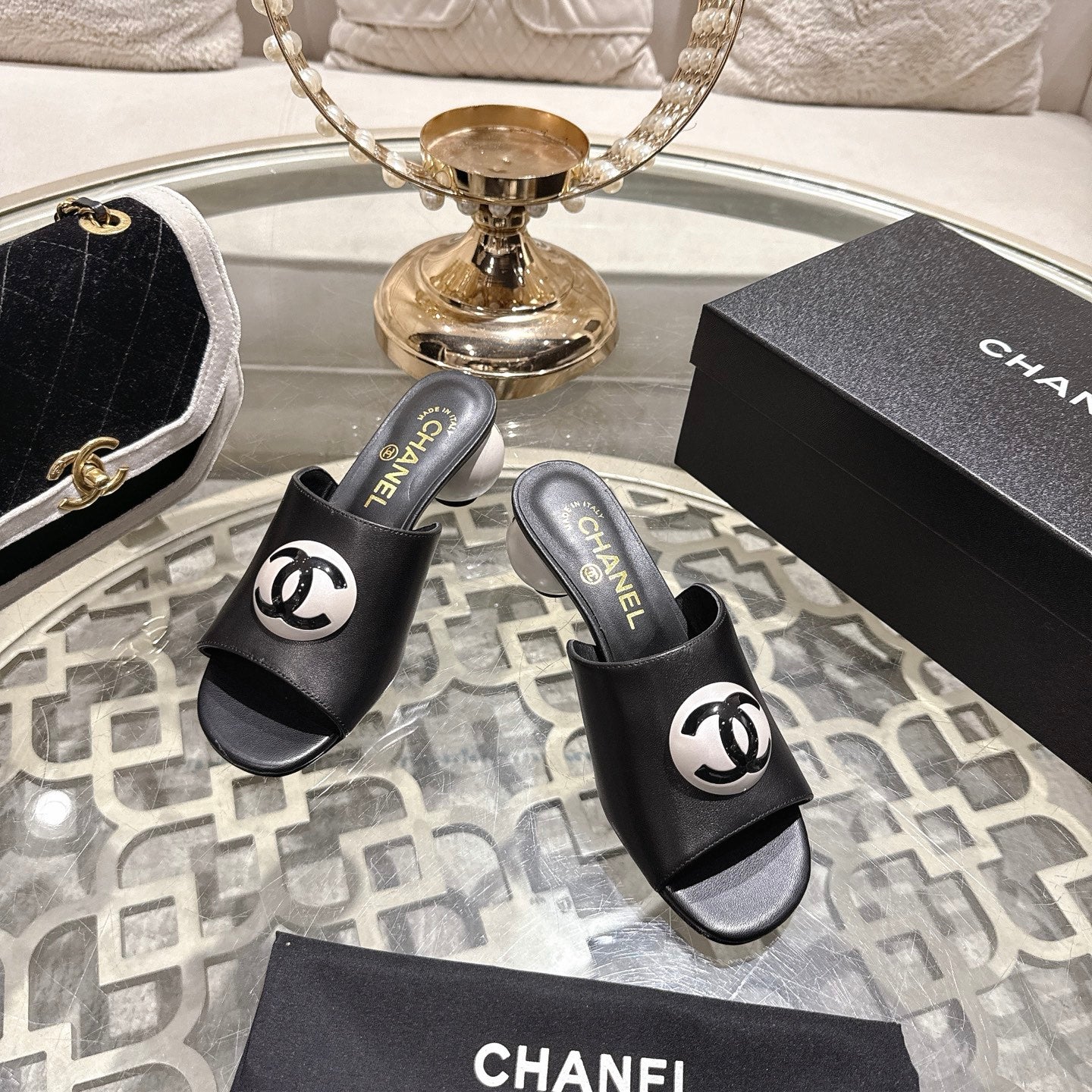 Chanel 2026 Double C Pearl High-Heeled Sandals Leather Lambskin 834456