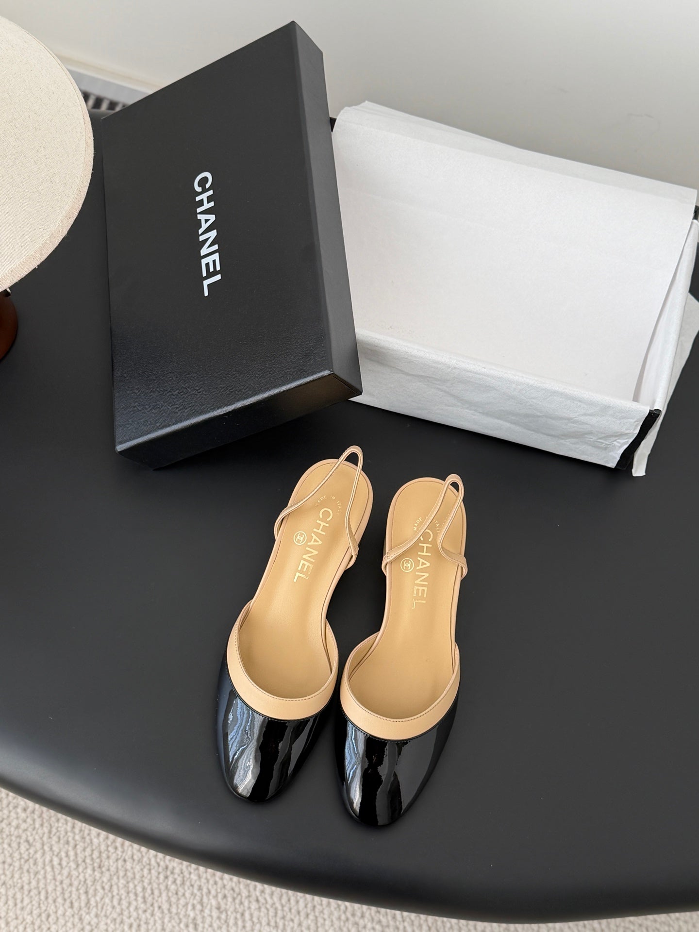 Chanel 2026 Slingback Black Beige Lambskin & Patent Calfskin 605326