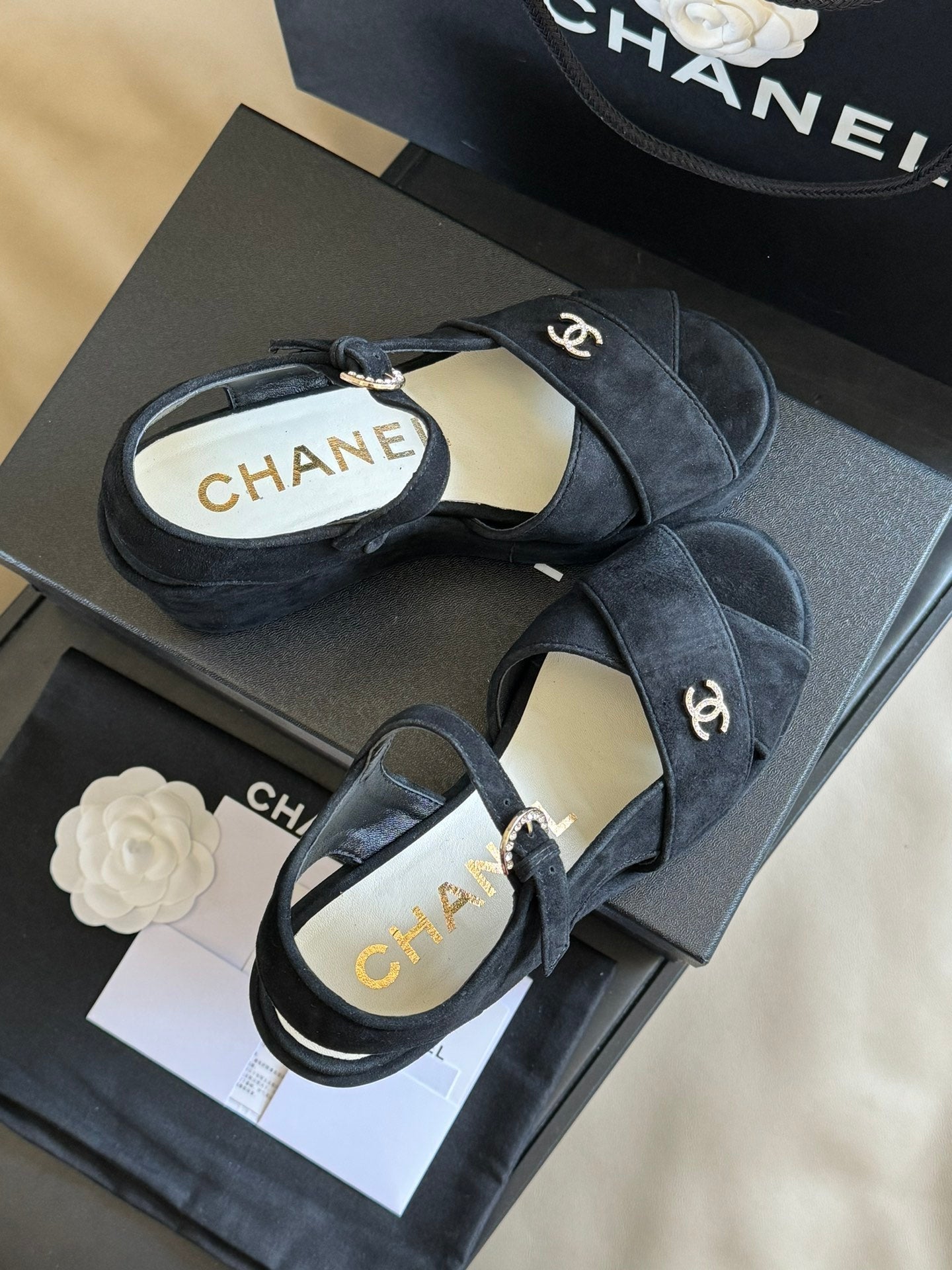 Chanel 2026 Peep Toe Wedge Sandals Black Suede Calfskin