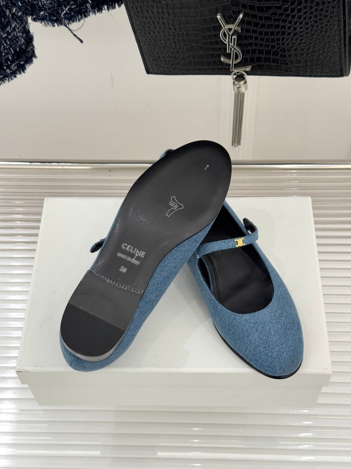 Celine 26 Mary-Jane Ballet Flats Fabric Leather 755871