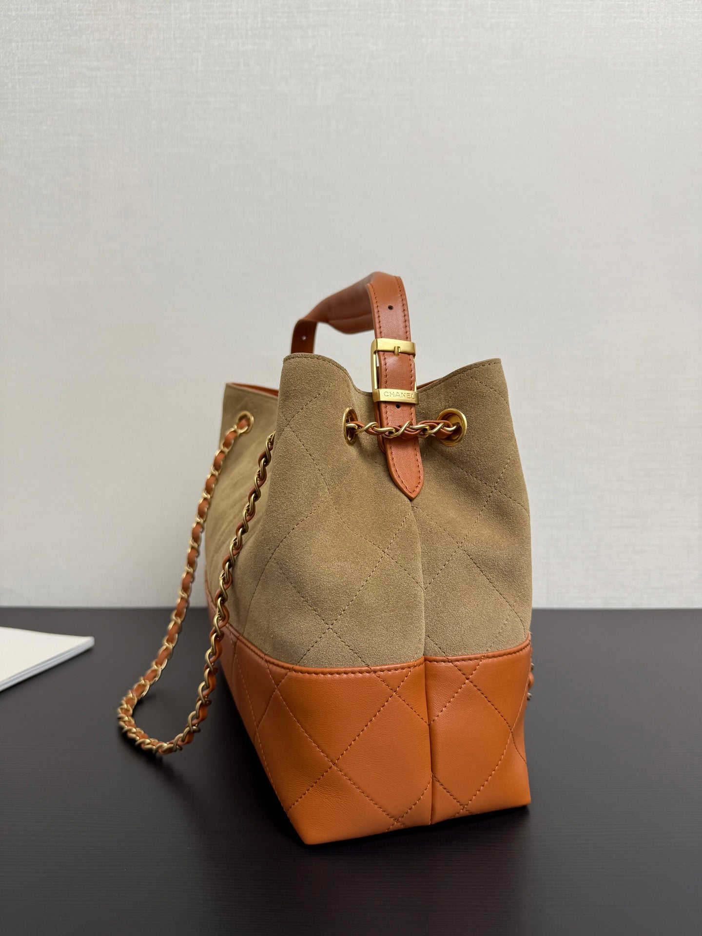 Chanel 2026 Quilted Shopping Bag 35cm Beige Brown Suede Leather