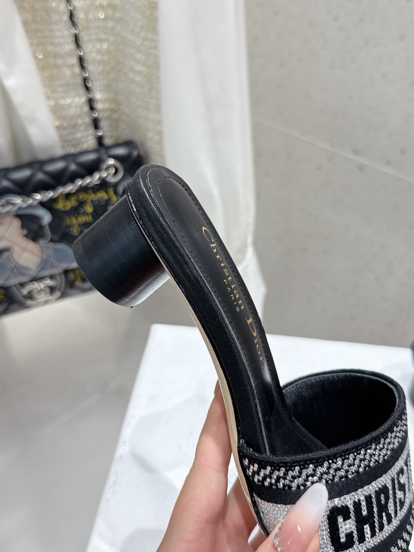 CD 26s Rhinestone Flat Slippers Black Canvas Leather 636390