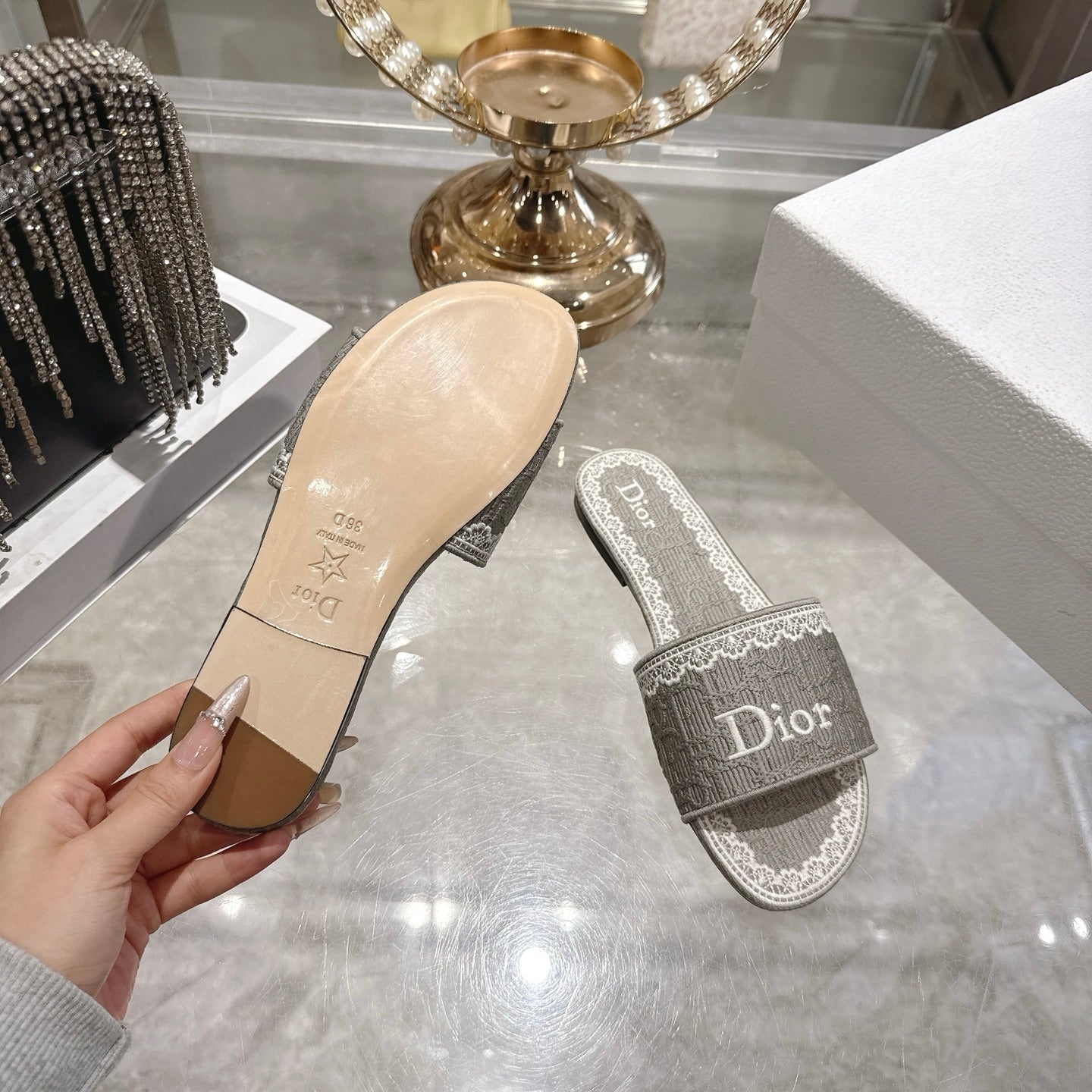 CD26 Embroidered Sandals Gray White Canvas 592243