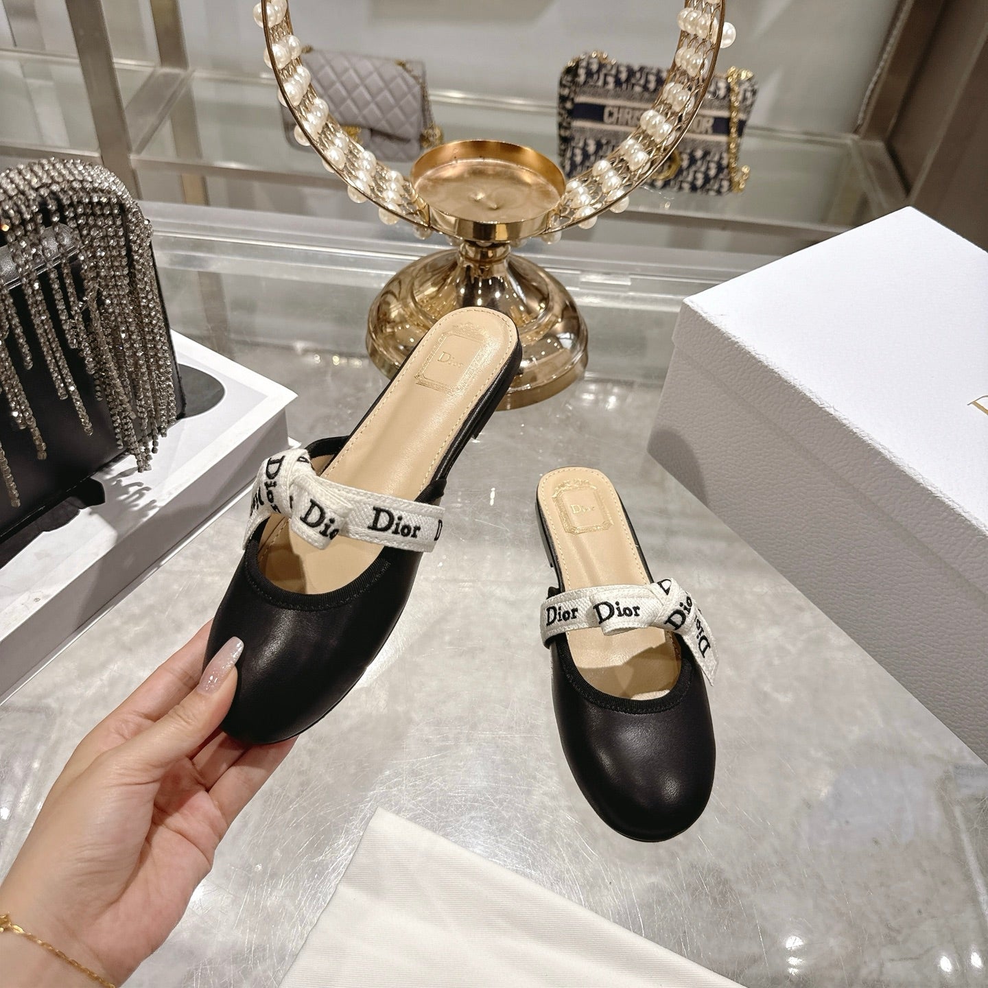 CD 26 Bow Flat Mules Embroidered Sheepskin