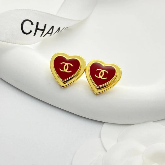 CC Black Enamel Gold Double C Heart Earrings