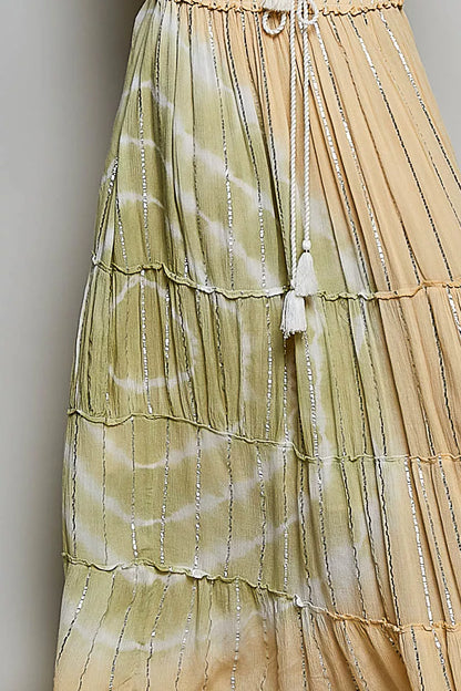 POL Shimmer Tiered Reverse Ruffle Smocked Waist Maxi Skirt
